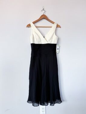 Vintage Deadstock Y2K Jones New York 100% Silk Midi White Black Cocktail Dress